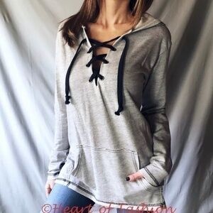 French Terry Lace Up Relaxed Hoodie Sweatshirt